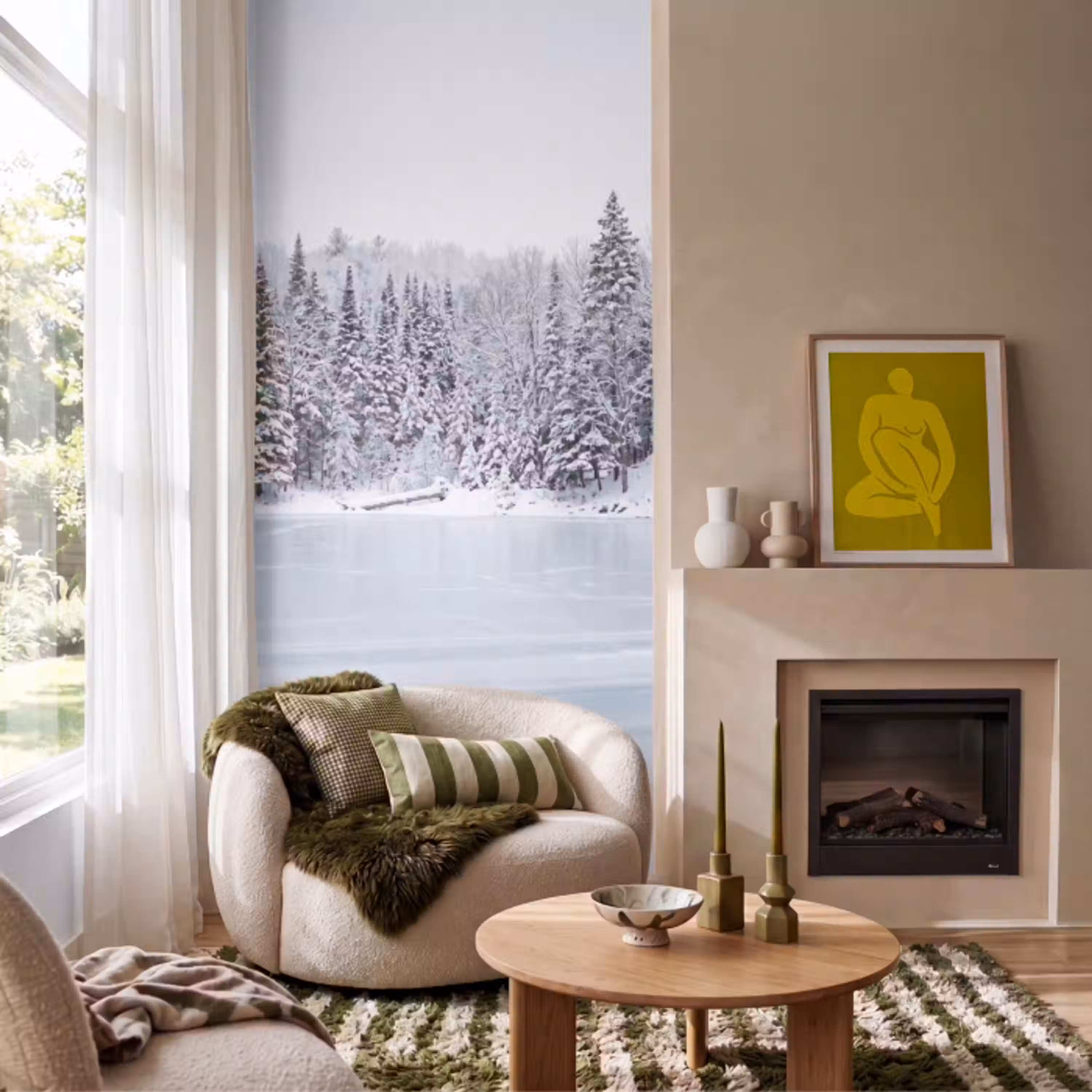 Meer - Dennen - IJs - Winter - Rustgevend Behang Vlies klein -sfeer2