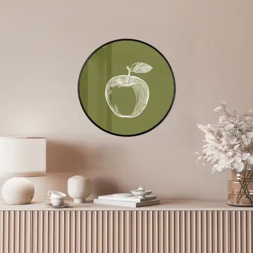 Lijntekening - Appel - Olijfgroen - Blaadje Fotolijst rond zonder passe partout klein -sfeer3