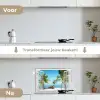 Doorkijk - Strand - Palmboom - Boot - Tropisch - Zee - Blauw keuken achterwand spatscherm klein -voor_na_NL