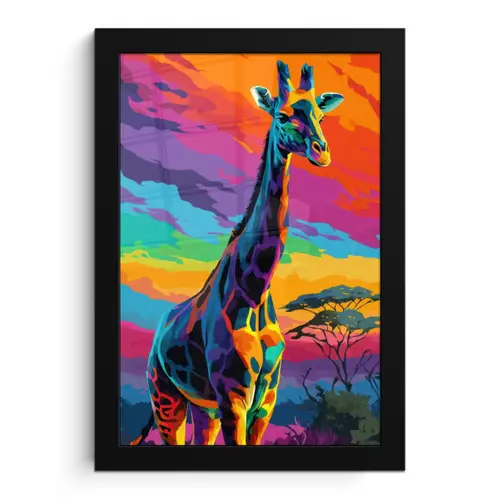 Giraffe - Savanna - Lucht - Gekleurd fotolijst zwart zonder passe partout klein -3d