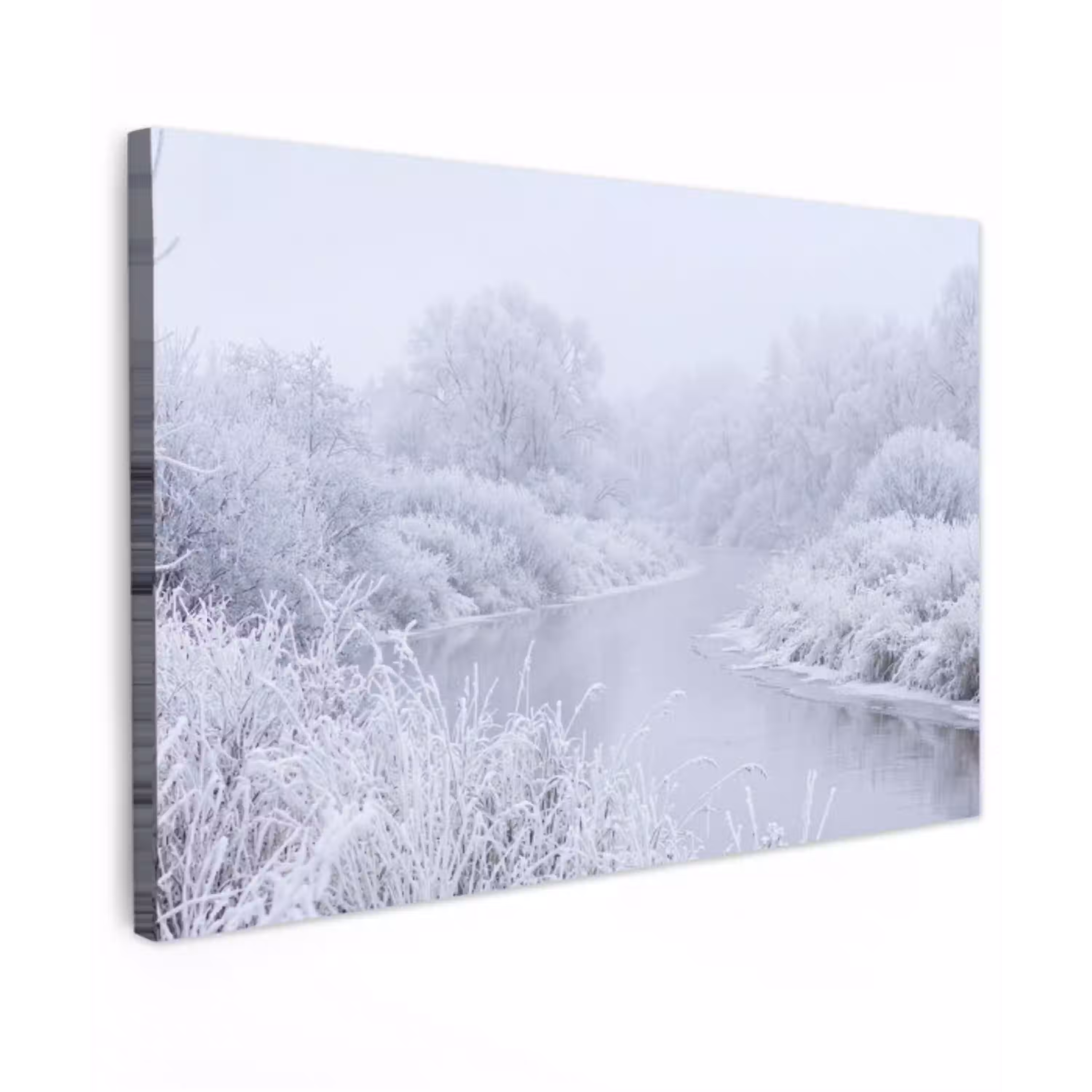 Rivier - Sneeuw - Bos - Winter - Schilderachtig Tuinposter op houten frame 2 cm dik klein -3d