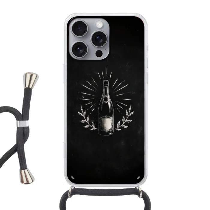 Champagnefles - Lauriertakken - Zwarte achtergrond Hoesje iPhone 16 Pro Max met koord klein -3d