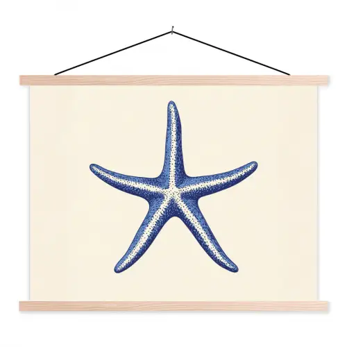 Blauwe zeester - Minimalistisch - Beige textielposter latten blank klein -3d