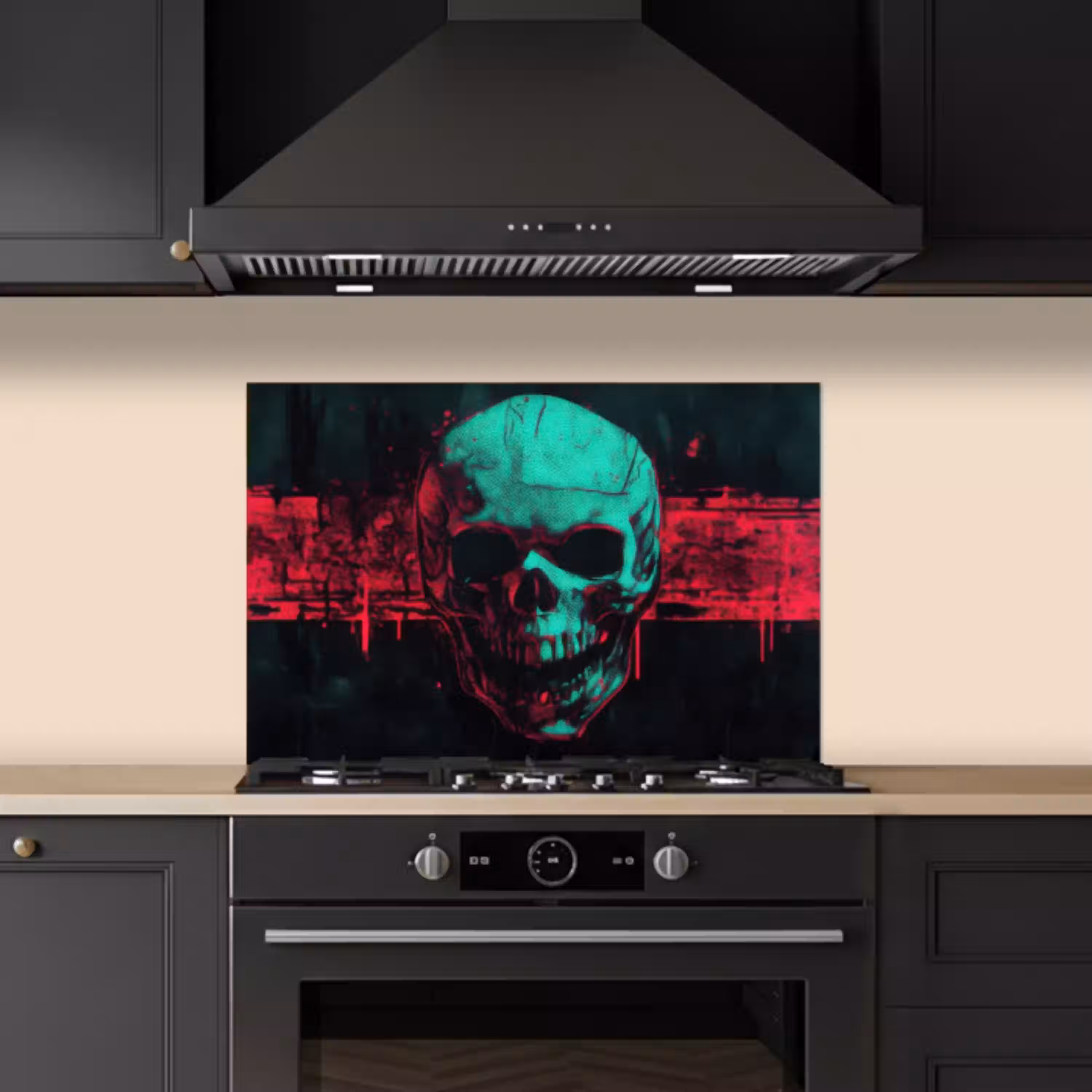 Schedel - Cyberpunk - Neon Rood keuken achterwand spatscherm klein -sfeer1