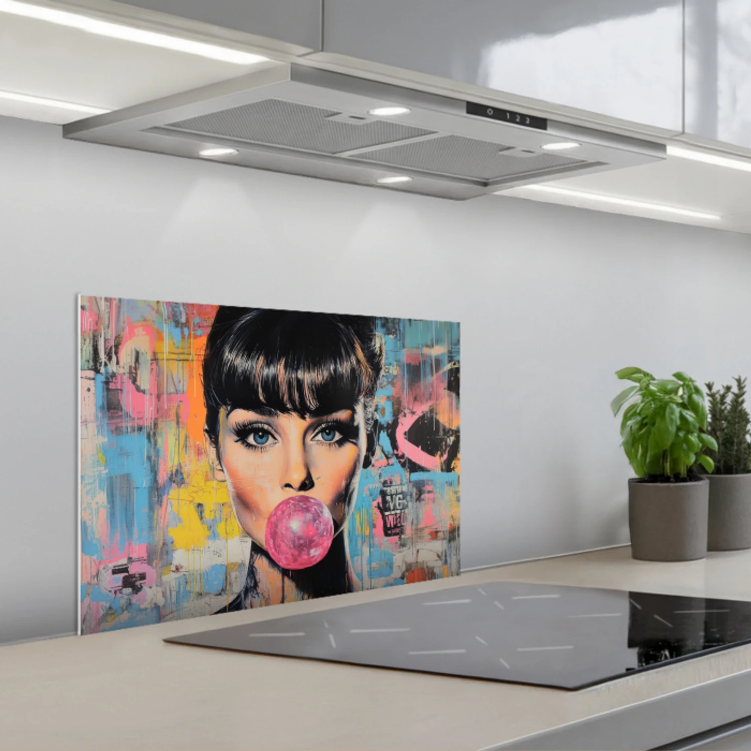 Kauwgom - Vrouw - Penseelstreken - Modern keuken achterwand spatscherm klein -3d_schuin