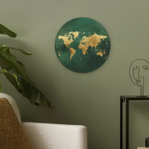 Wereldkaart - Groen - Goud Akoestische PET Vilt - Rond klein -sfeer2