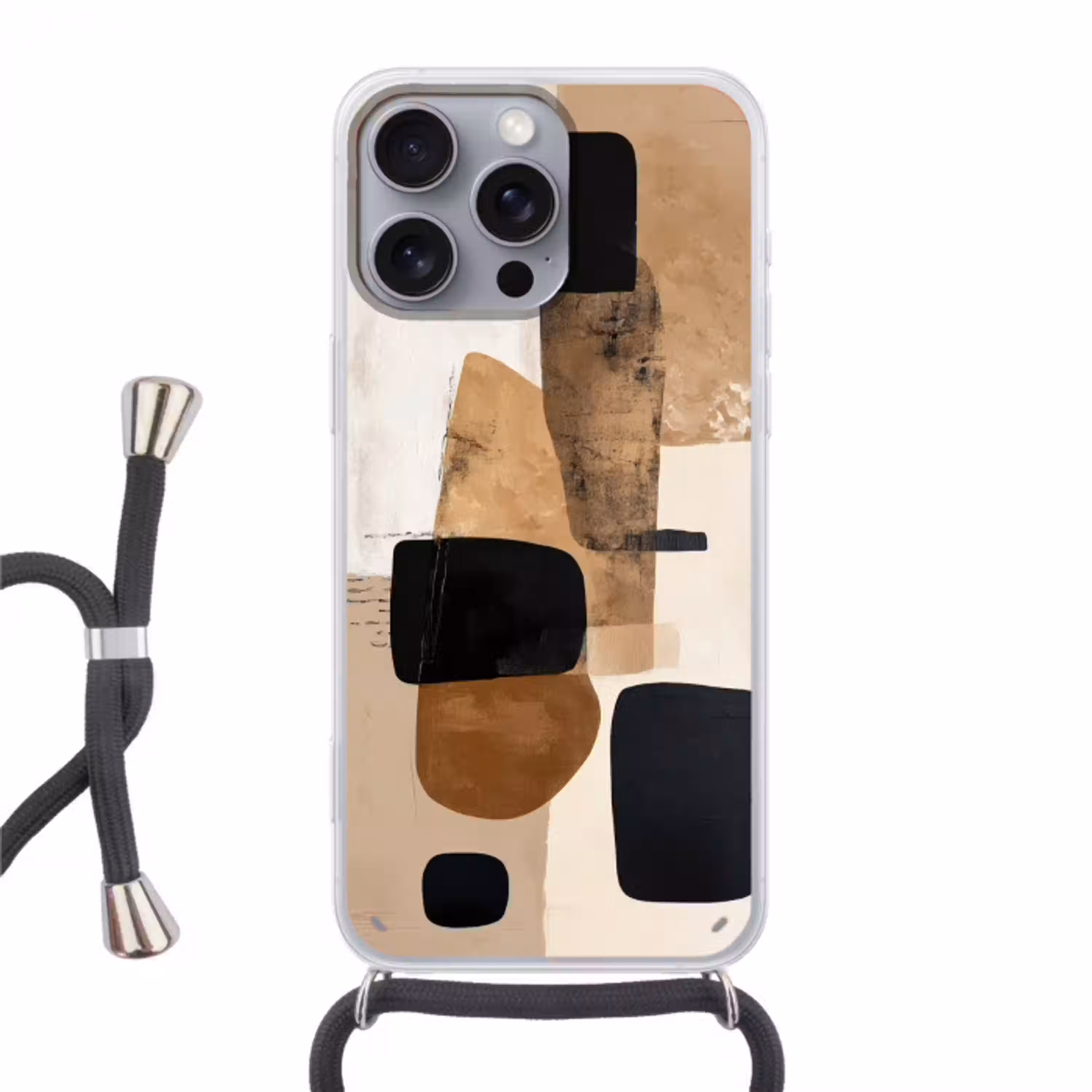 Vlakken - Abstract - Zwart - Strepen Hoesje iPhone 16 Pro Max met koord klein -3d