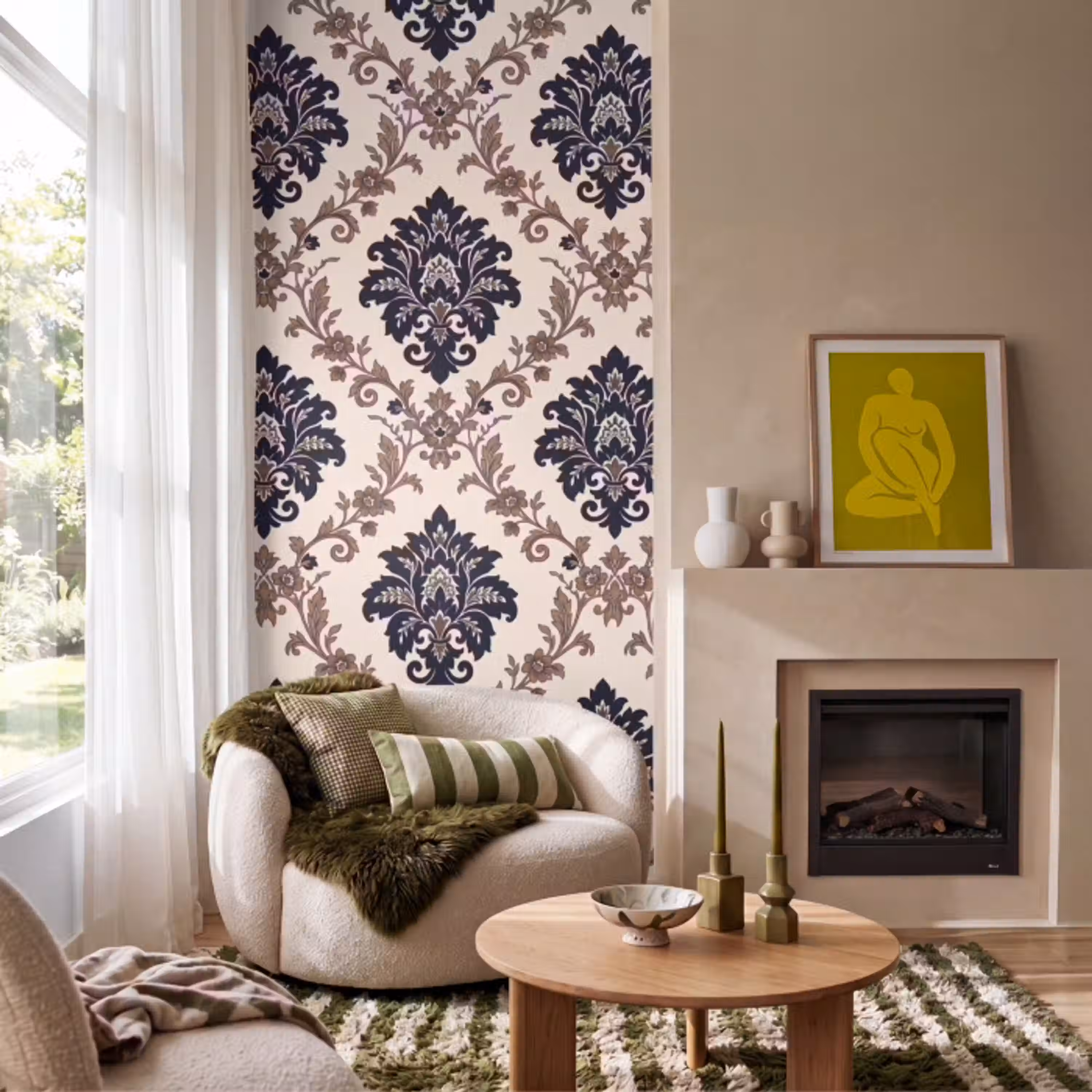 Patroon - Floraal - Klassiek - Beige-blauw Behang Vlies klein -sfeer2