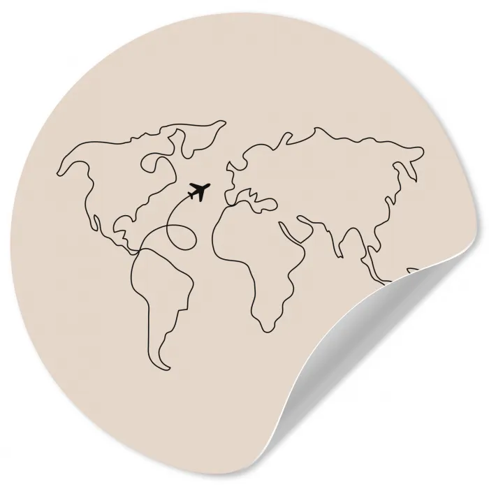 Wereldkaart - Simpel - Vliegtuig Wandcirkel behangsticker klein -3d