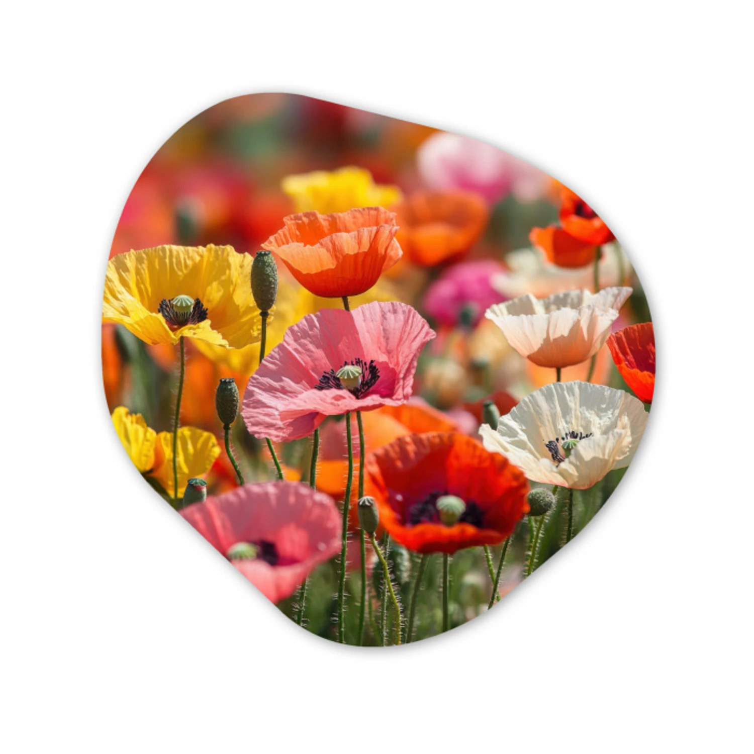 Bloemenveld - Klaprozen - Kleurrijk Wandcirkel Organisch Aluminium middel -3d
