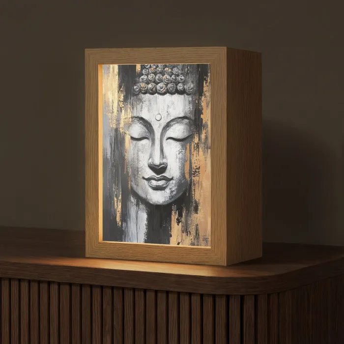 Boedhha - Penseelstreken - Goud - Abstract Light Box met kabel (Tafellamp) klein -z3d_website