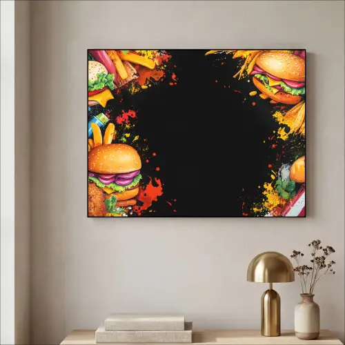 Fastfood - Graffiti - Hamburger - Eten - Modern Textielframe zwart klein -sfeer2