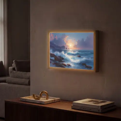 Golven - Zee - Kleurrijk - Rotsen Light Box met batterij (Wandlamp) middel -sfeer1