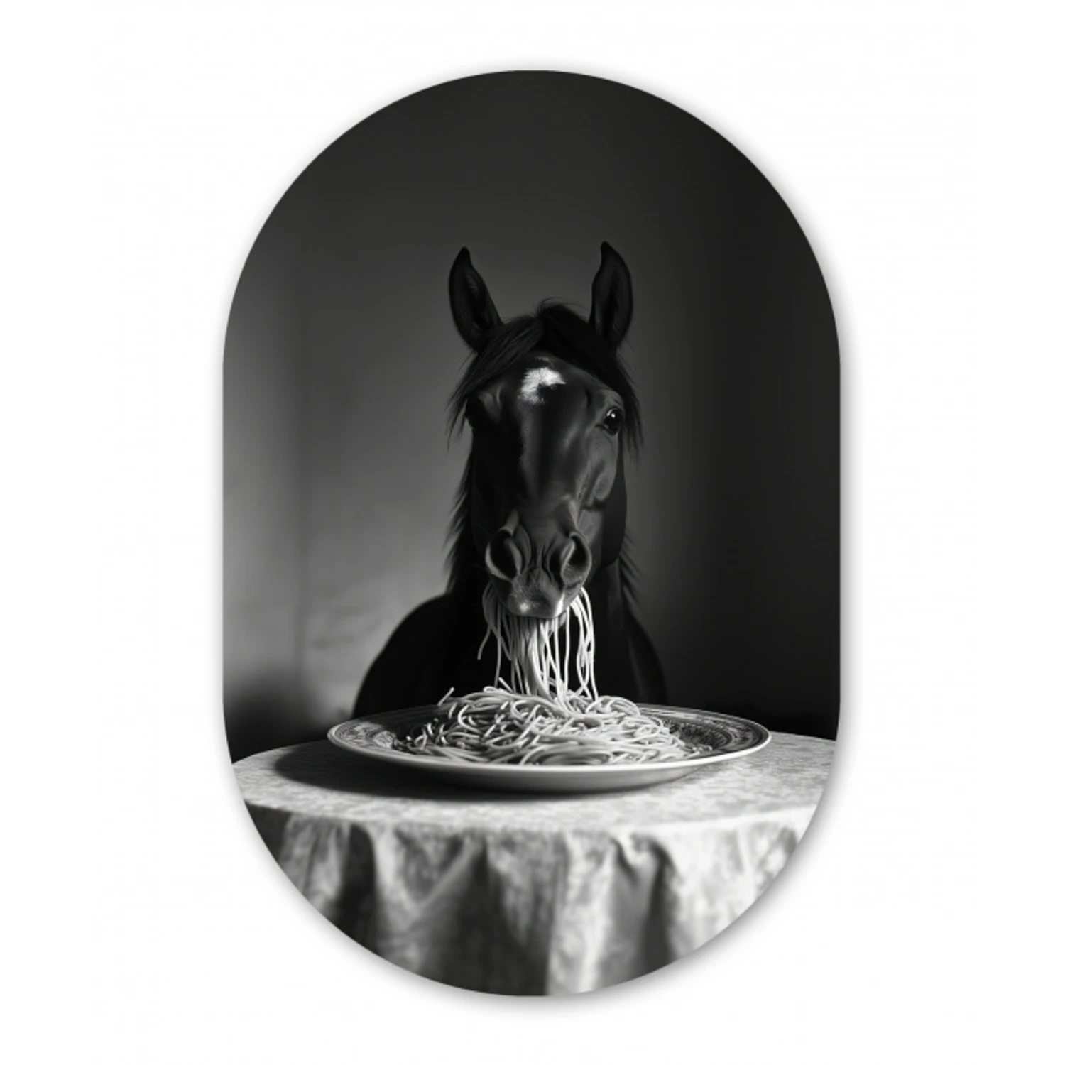Paard - Bord - Pasta - Tafelkleed - Zwart Wit - Dieren Wandcirkel Ovaal Glas middel -3d