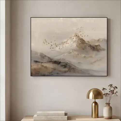 Berglandschap - Mist  - Penseelstreken Textielframe zwart klein -sfeer2