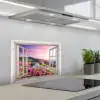 Bergen - Landschap - Doorkijk - Bloemen - Avond - Roze keuken achterwand spatscherm klein -3d_schuin