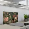 Groene papegaai - Kleurrijke bloemen - Donkere achtergrond keuken achterwand spatscherm klein -3d_schuin