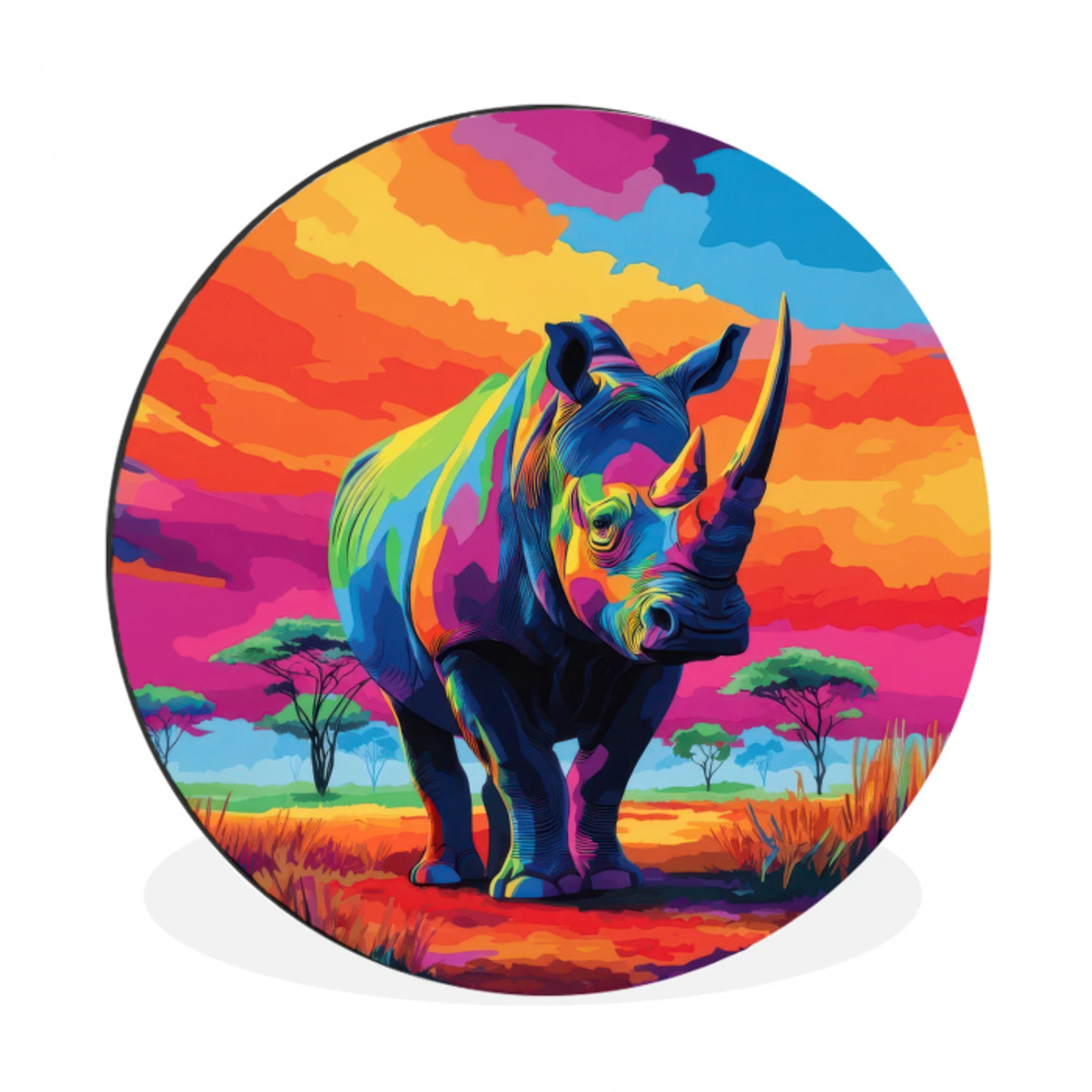 Neushoorn - Zonsondergang - Savanna - Kleurrijk Wandcirkel aluminium klein -3d