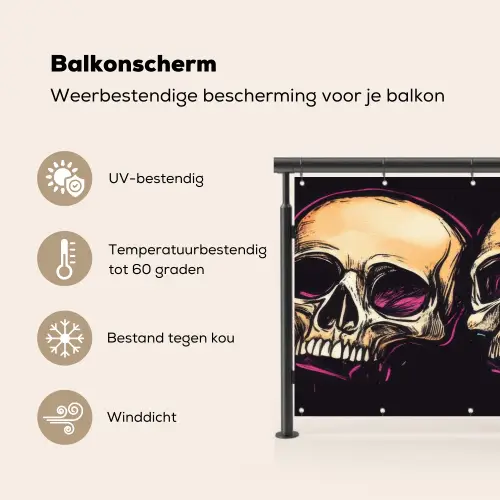 Schedels - Graffiti - Neon Balkonbeschermer Duitsland klein -specs_NL
