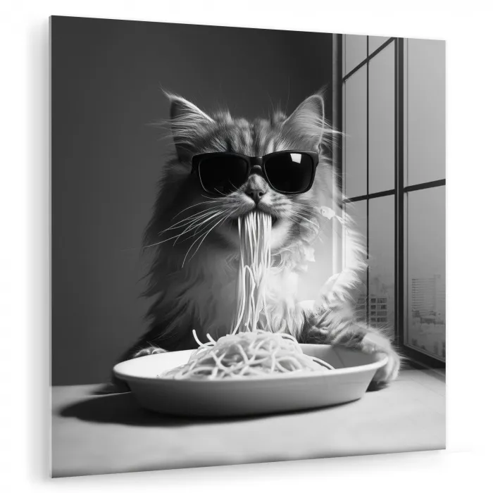 Langharige kat - Zonnebril - Spaghetti - Humor - Zwart - wit plexiglas 5mm klein -zzzproduct_nieuw
