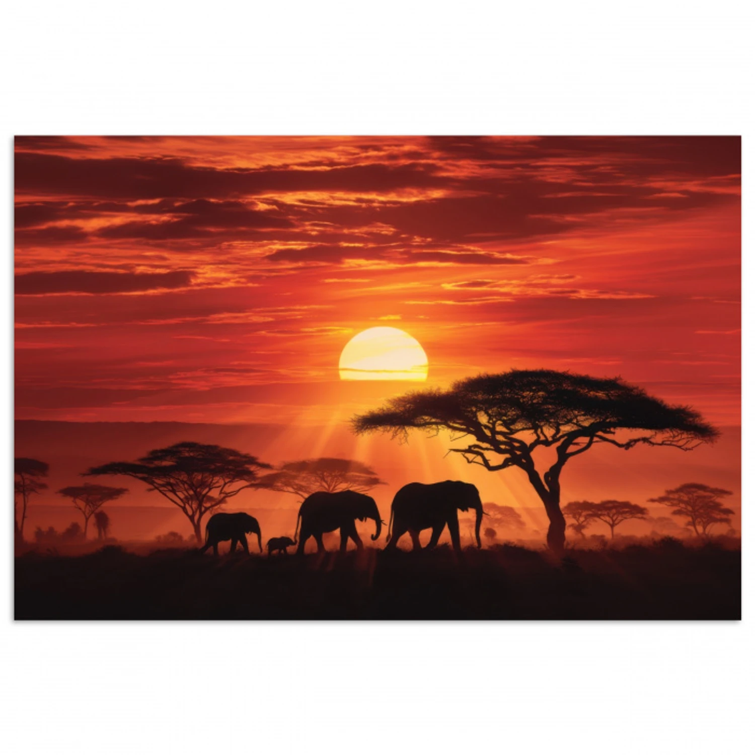 Savanne - Olifanten - Zonsondergang poster papier klein -3d
