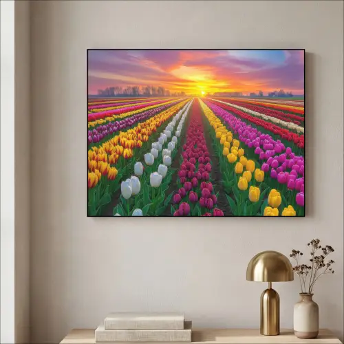 Tulpenveld - Zonsondergang - Kleurrijk Textielframe zwart klein -sfeer2