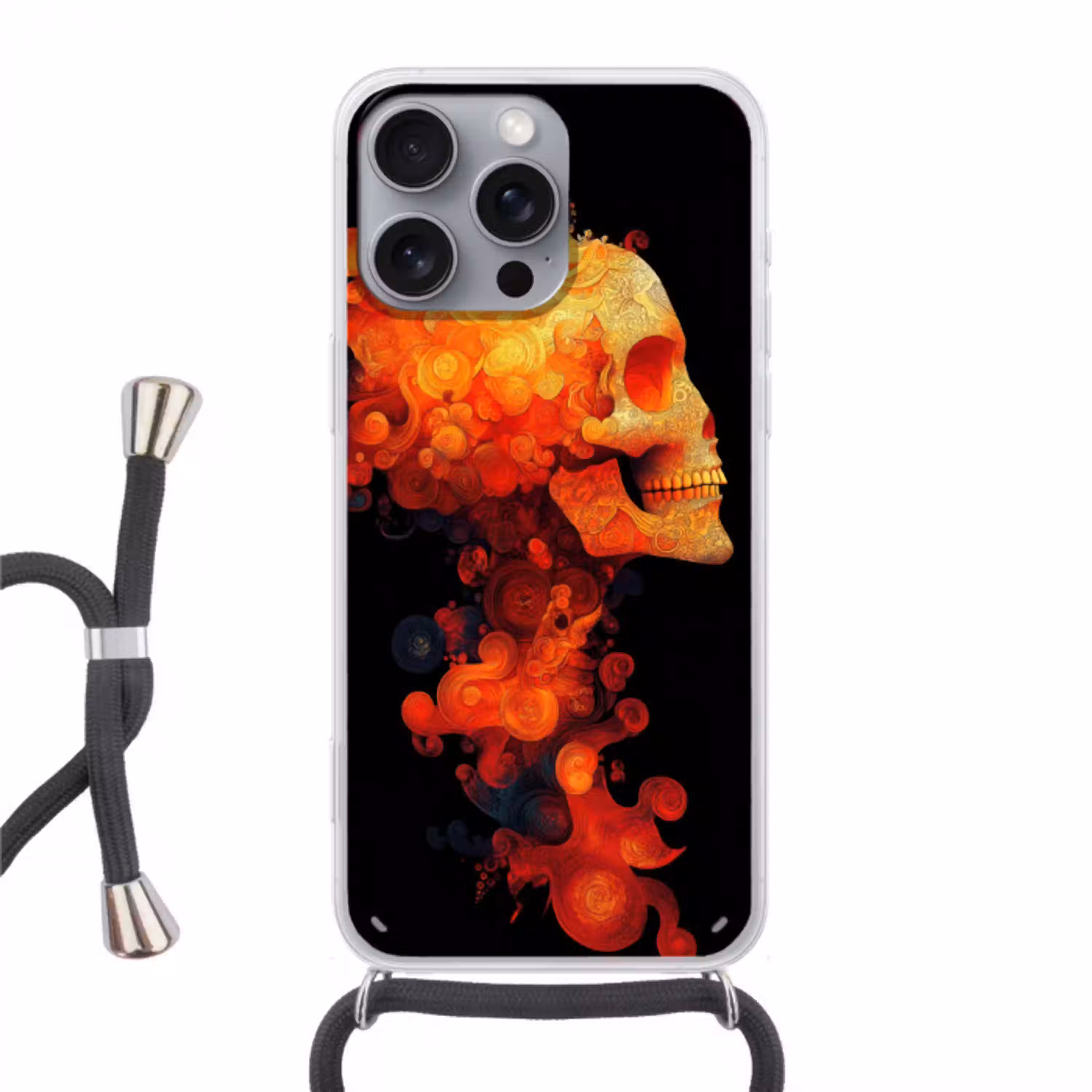 Schedel - Oranje - Zijaanzicht - Vlammen Hoesje iPhone 16 Pro Max met koord klein -3d