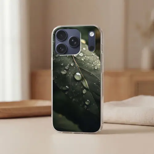 Blad - Groen - Nerven - Regendruppels Telefoonhoesje iPhone 17 Pro klein -sfeer2