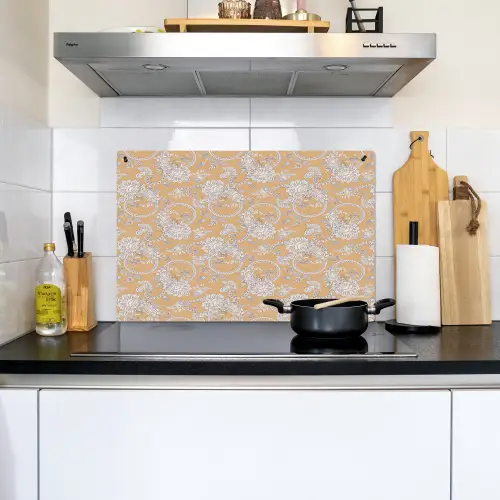Paisleymotief - Wit - Bloemen - Geel Inductie beschemer met haakjes klein 777 -sfeer2
