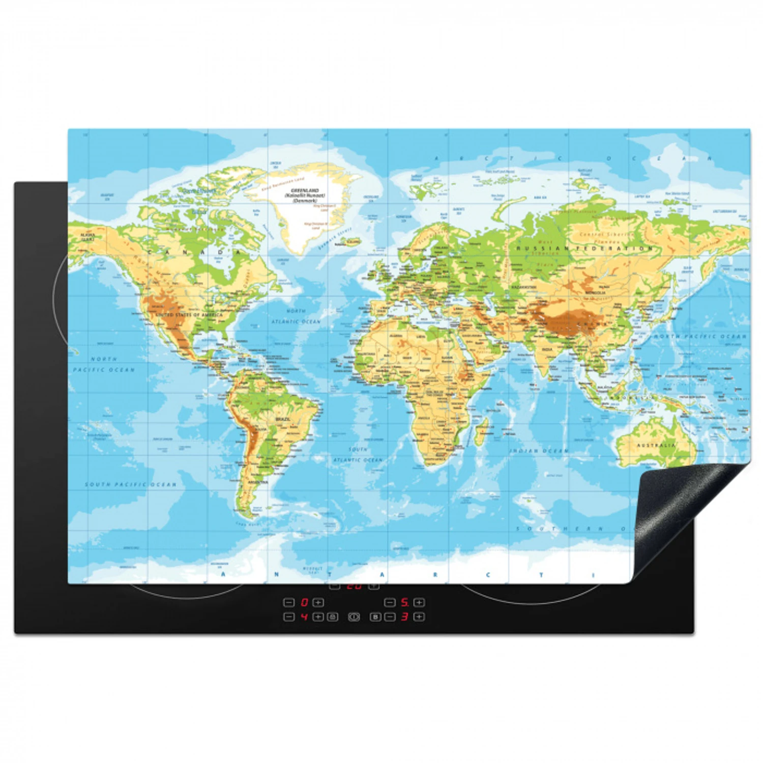 Wereldkaart - Staatkundig - Blauw - Aarde - Educatief Inductie beschermer vinyl 3mm klein -3d