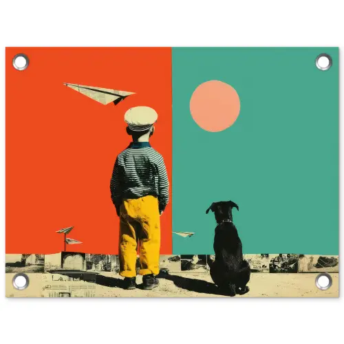Retro - Jongen - Hond - Rood - Groen tuinposter los doek klein -3d