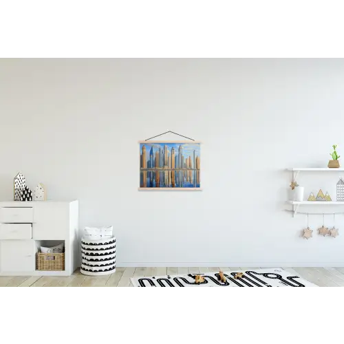 Skyline - Wolkenkrabbers - Water - Blauw textielposter latten blank klein -kinderkamer