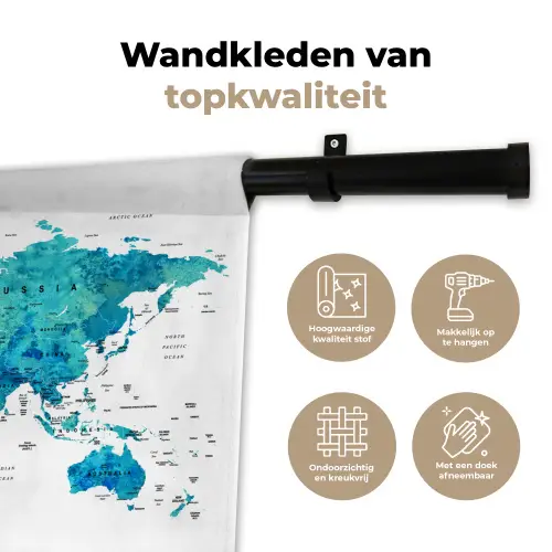 Wereldkaart - Blauw - Kleurrijk Wandkleed katoen klein -sfeer2