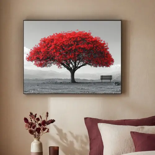 Boom - Rood - Natuur - Zwart wit Textielframe zwart klein -sfeer1
