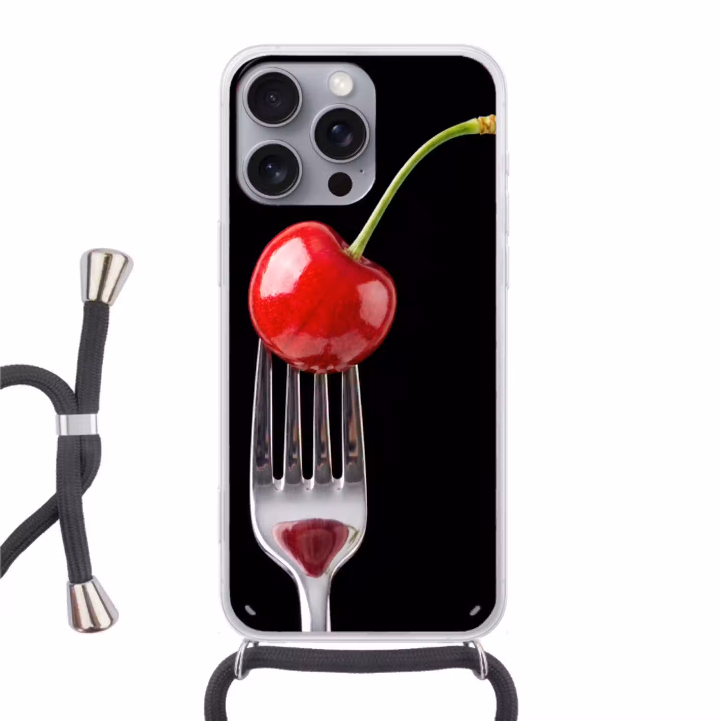 Rode kers - Vork Hoesje iPhone 16 Pro Max met koord klein -3d