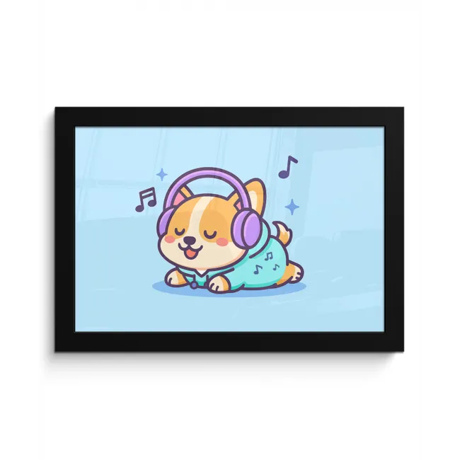 Corgi - Koptelefoon - Blauw - Muzieknoten fotolijst zwart zonder passe partout klein -3d