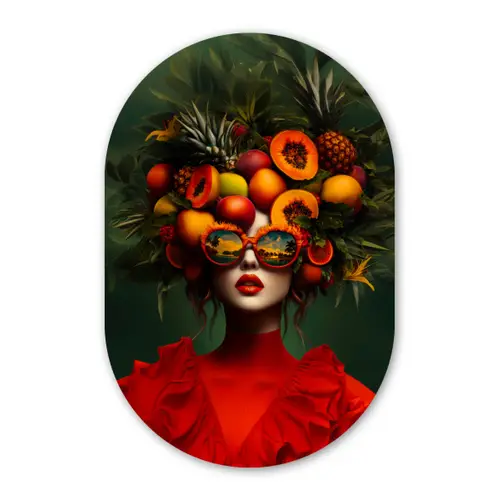 Vrouw - Vruchten - Papaja - Ananas Wandcirkel Ovaal Glas middel -3d