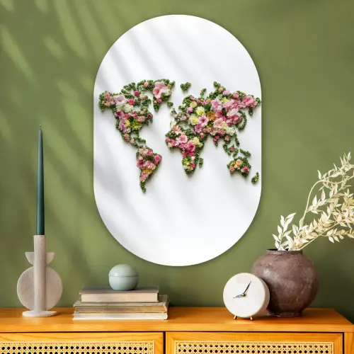 Wereldkaart - Kleurrijk - Bloemen - Lente Wandcirkel Ovaal Glas middel -sfeer2