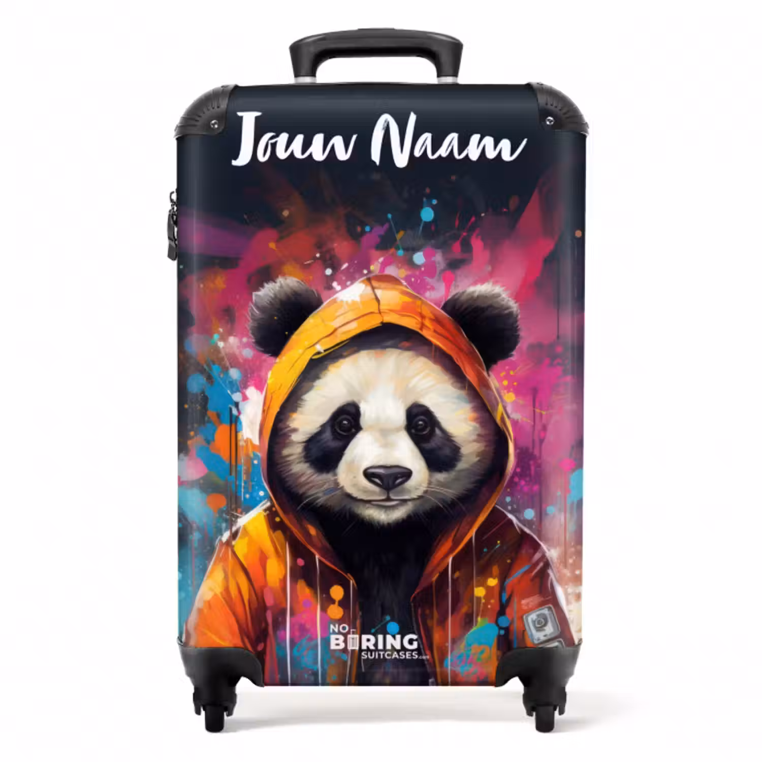 Koffer met naam – Panda met Oranje Jas en Verfspetters