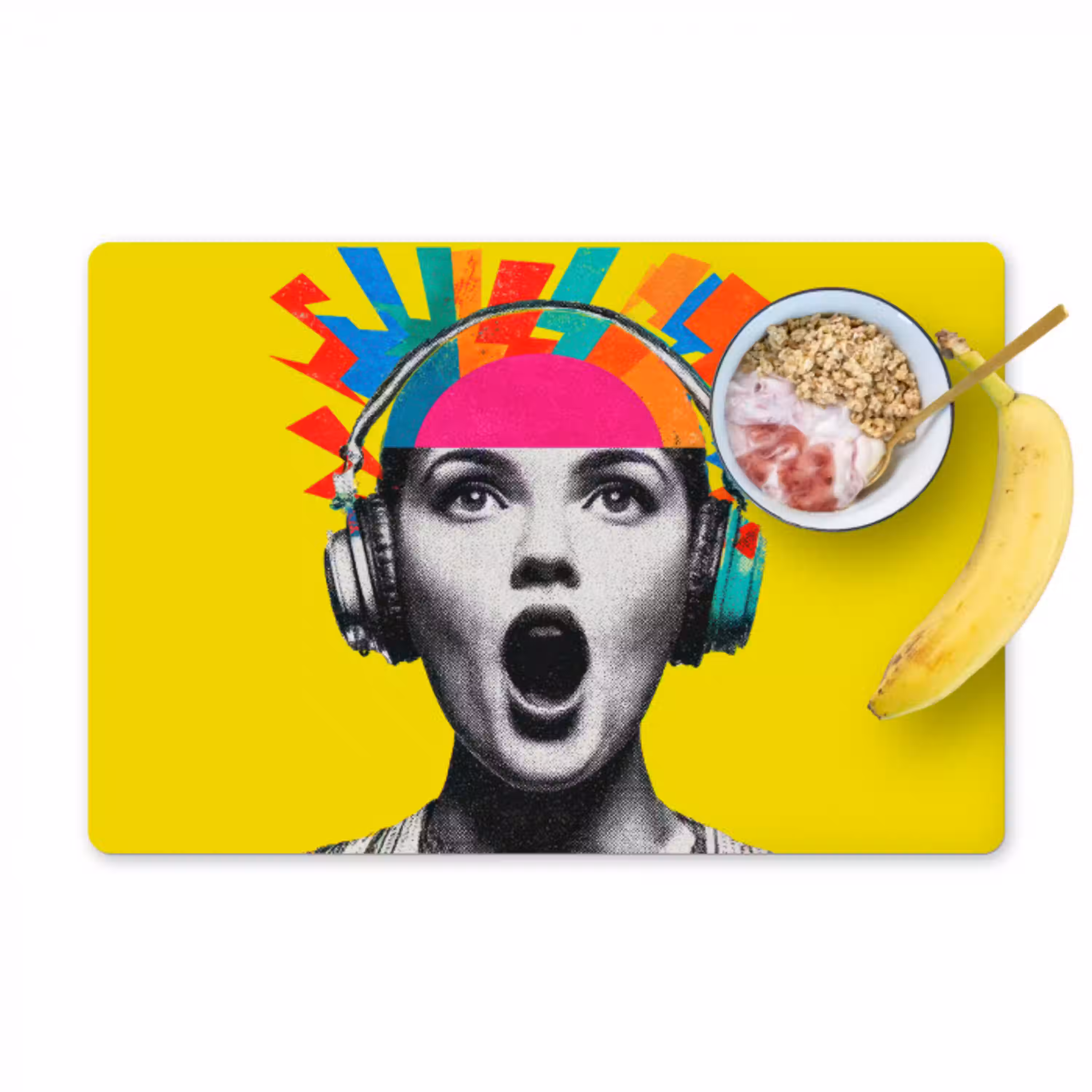 Vrouw - Koptelefoon - Geel Placemat vinyl groot -zzzproduct_Kitchenyeah-website