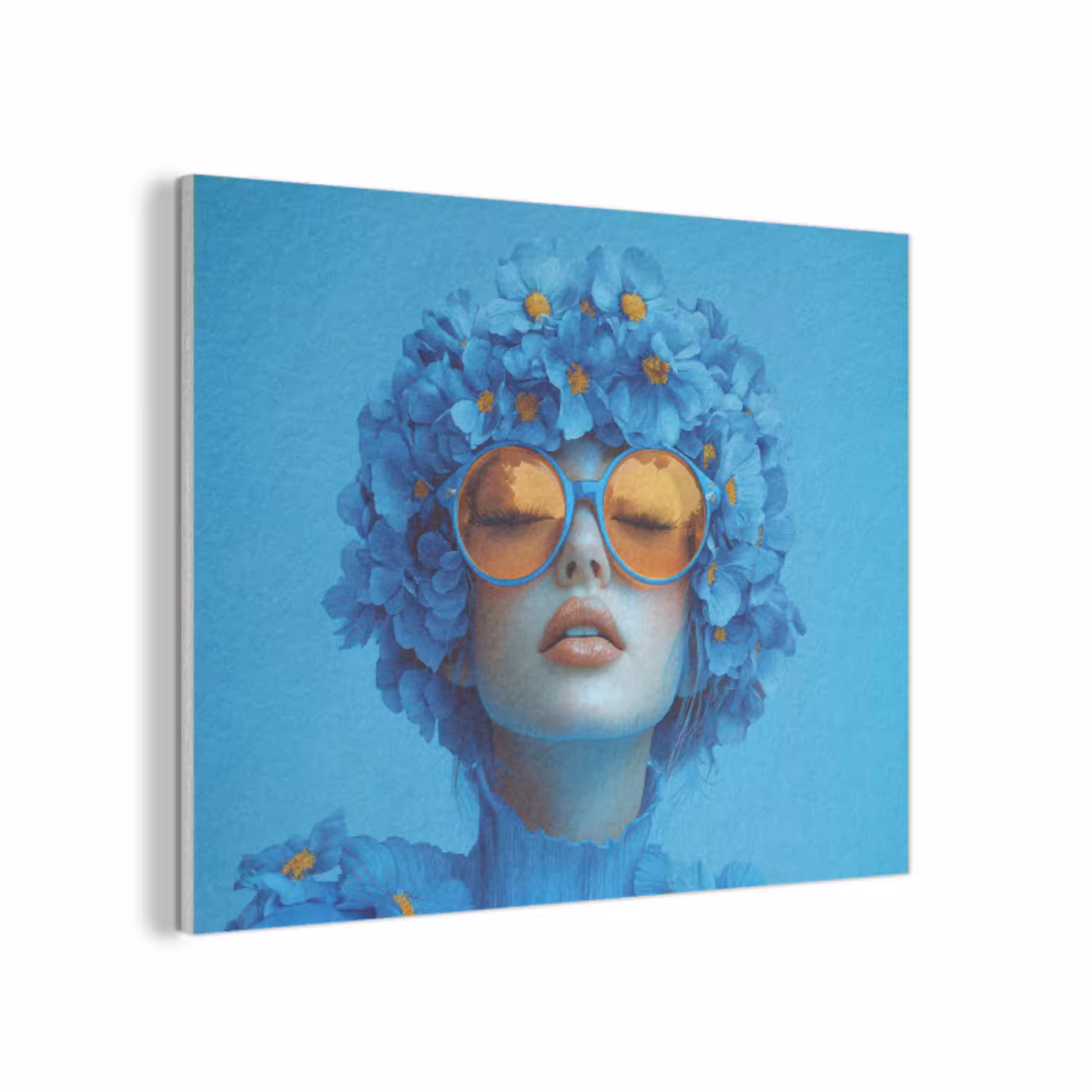 Vrouw - Bloem - Blauw - Modern - Bril - Portret PET vilt klein -3d