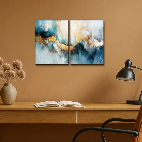 Blauw - Abstract - Wit - Goud - Verf Canvas - Meerluiken 2 luik klein -sfeer5