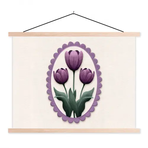 Tulpen - Paars - Lijst - Bladeren textielposter latten blank klein -3d