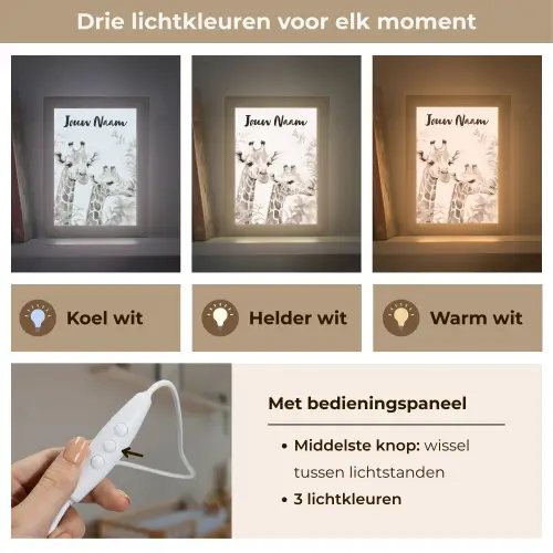 Giraffe - Bladeren - Bruin - Jungle - Kind Light Box met kabel (Kinderlampje) klein -USP_lichtkleurNL