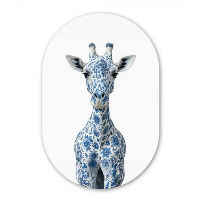Giraffe - Delfts blauw - Dieren - Minimalistisch Wandcirkel Ovaal Glas middel -3d