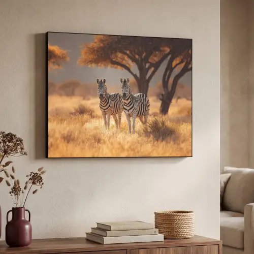 Zebra's - Savannelandschap - Gras Textielframe zwart klein -sfeer3
