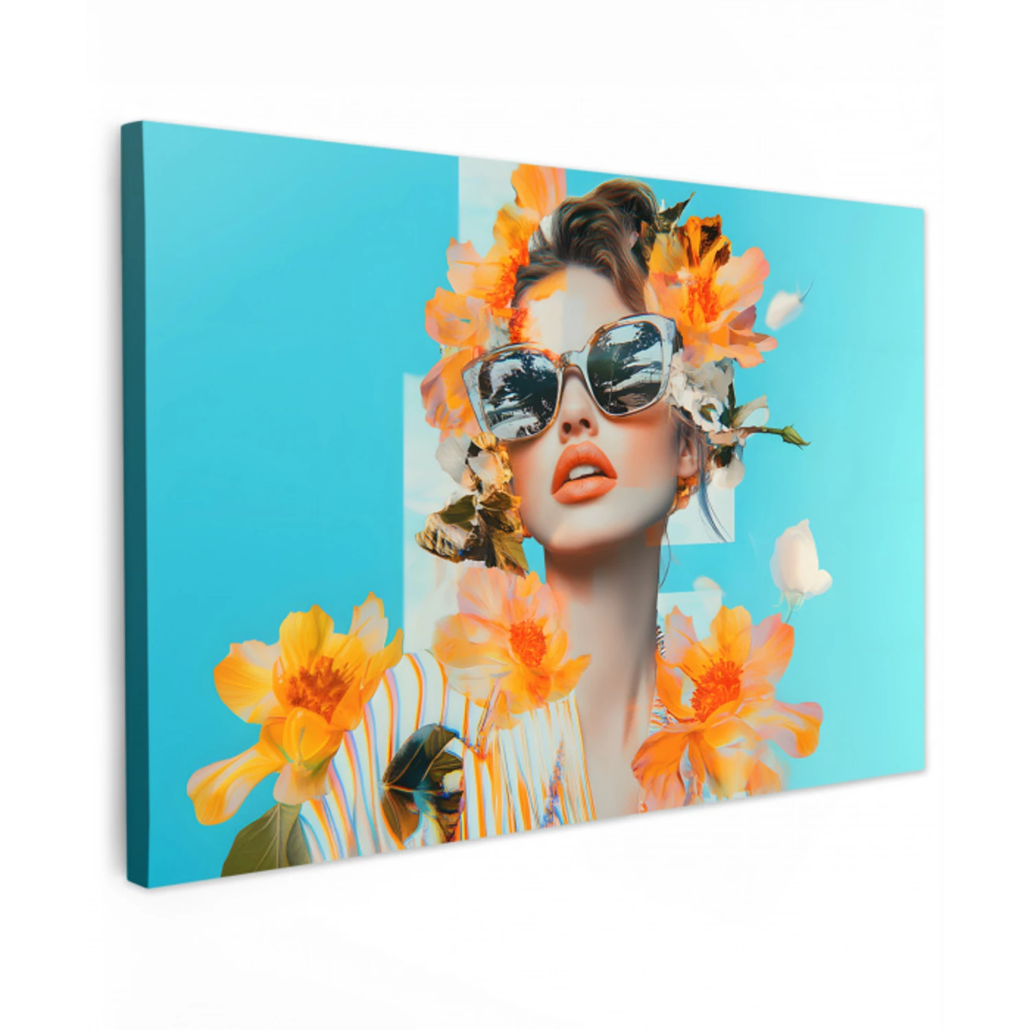 Bloemen - Vrouw - Zonnebril - Blauw Tuinposter op houten frame 2 cm dik klein -3d