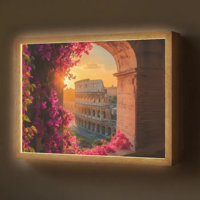 Colosseum - Rome - Roze Bloemen Light Box met batterij (Wandlamp) middel -z3d_website