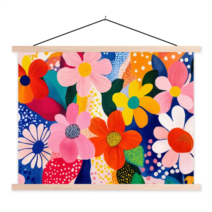 Bloemen - Kleurrijk - Stippen textielposter latten blank klein -3d