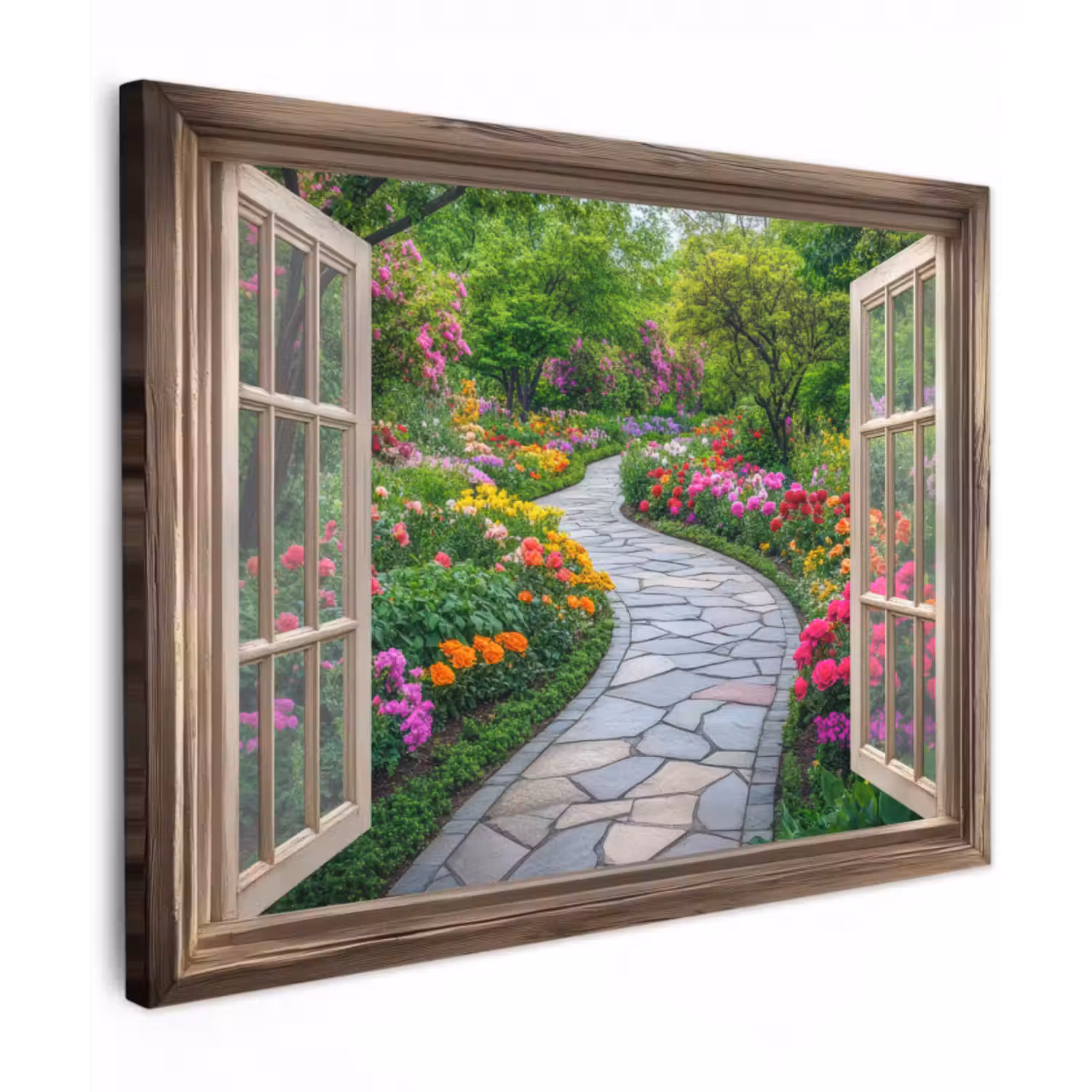 Leinwandbild - Aussicht - Blumen - Gartenweg - Natur - Fenster